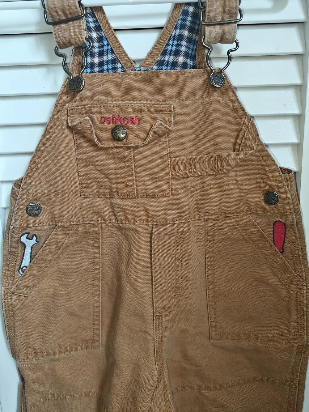 Vintage OshKosh Carpenter Vestbak Overalls Embroidered Tool Designs 18M